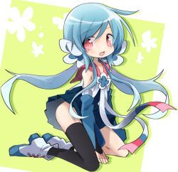 Rule 34 | 1girl, ameko-107, asymmetrical legwear, black thighhighs, blue hair, boots, bridal gauntlets, character request, copyright request, detached sleeves, dress, elbow gloves, female focus, flower, full body, gloves, hair flower, hair ornament, heart, heart-shaped pupils, kneeling, long hair, looking at viewer, mole, mole under eye, red eyes, sailor collar, single elbow glove, single sleeve, single thighhigh, solo, symbol-shaped pupils, thighhighs, twintails, uneven legwear