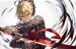 Rule 34 | 1boy, belt, black hair, blonde hair, buckle, highres, holding, holding sword, holding weapon, katana, kido hyde, looking ahead, multicolored hair, necktie, qitoli, red eyes, red necktie, school uniform, shirt, solo, spiked hair, sword, two-tone hair, under night in-birth, weapon, white background, white shirt