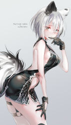 Rule 34 | 1girl, absurdres, animal ears, artist name, black gloves, blush, breasts, cowboy shot, cyrillic, dress, gloves, hand on own hip, heterochromia, highres, looking at viewer, lyalya (pottsness), original, pottsness, russian text, short hair, sideboob, simple background, tail, thick thighs, thigh strap, thighs, upper body, white hair