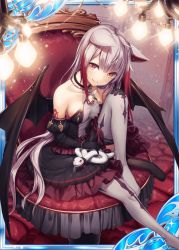 Rule 34 | 1girl, akkijin, animal ears, bare shoulders, black dress, black gloves, breasts, card (medium), cat ears, cat girl, cat tail, chair, collarbone, demon girl, demon wings, dress, gloves, grey hair, indoors, medium breasts, multicolored hair, no shoes, official art, rattle, red eyes, shinkai no valkyrie, short hair, sitting, snake, solo, tail, thighhighs, white thighhighs, wings