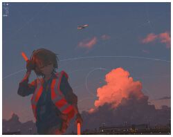 Rule 34 | 1girl, absurdres, aircraft, airplane, airport, androgynous, black shirt, border, brown hair, closed eyes, closed mouth, commentary, english commentary, headphones, high-visibility vest, highres, holding baton, lamppost, original, reshanims, shirt, short hair, solo, standing, sunset, traffic baton, walkie-talkie, white border