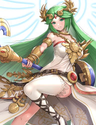 Rule 34 | absurdres, ancient greek clothes, armlet, belt, breasts, chiton, dress, forehead jewel, gonzarez, high heels, highres, jewelry, kid icarus, large breasts, laurel crown, legs, long hair, long legs, multiple belts, nintendo, palutena, parted bangs, pendant, sandals, side slit, single thighhigh, solo, strapless, strapless dress, thighhighs, thighs, tiara, vambraces, very long hair, white thighhighs
