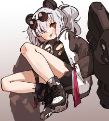 Rule 34 | 1girl, amonitto, animal ears, arknights, black dress, black footwear, blush, breasts, bright pupils, cleavage, cleavage cutout, closed mouth, clothing cutout, dress, eyewear on head, feater (arknights), gradient background, high tops, infection monitor (arknights), long hair, mechanical arms, multicolored hair, orange eyes, panda ears, shoes, small breasts, sneakers, solo, streaked hair, sunglasses, thigh strap, tongue, tongue out, white hair, white pupils