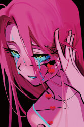 1girl alien_stage black_background blush cracked_skin crying crying_with_eyes_open hair_between_eyes heart long_hair long_hair_between_eyes merchandise_available mizi_(alien_stage) official_art pink_hair portrait second-party_source smile solo spaghetti_strap sweat tears tucking_hair vivinos yellow_eyes