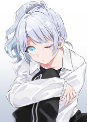 Rule 34 | 1girl, alternate costume, alternate hairstyle, artist name, bang dream!, black legwear, black pants, blue eyes, closed mouth, eyebrows hidden by hair, eyeshadow, feet out of frame, gradient background, hugging own legs, karuha, knee up, long sleeves, looking at viewer, makeup, one eye closed, open clothes, open shirt, pants, ponytail, shirt, short hair, sidelocks, silver hair, sitting, solo, upturned eyes, wakamiya eve, white background, white shirt