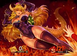 Rule 34 | 1girl, armlet, armpits, black thighhighs, bowsette, bracelet, breasts, character name, cleavage, fingernails, flying kick, horns, jewelry, kicking, leotard, long hair, mario, mario (series), muscular, muscular female, new super mario bros. u deluxe, nintendo, pointy ears, sharp fingernails, solo focus, spiked armlet, spiked bracelet, spiked tail, spikes, super crown, super smash bros., tail, thighhighs, turtle shell, very long hair, whistlerx