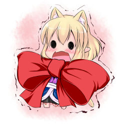 Rule 34 | 1girl, animal ears, arm warmers, blonde hair, blush, bow, cat ears, cat girl, cat tail, chibi, extra ears, fang, female focus, hoshizuki (seigetsu), kemonomimi mode, mizuhashi parsee, open mouth, pointy ears, puru-see (hoshizuki (seigetsu)), scarf, short hair, solo, tail, touhou, trembling