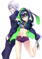 Rule 34 | 1boy, 1girl, aoki soushiro, bad id, bad pixiv id, black hair, blush, breasts, brown eyes, character request, converse, green eyes, heirou, highres, hood, hoodie, jacket, midriff, navel, open fly, saikyou kui no dark hero, shoes, short hair, short shorts, shorts, silver hair, simple background, small breasts, smile, sneakers, white background