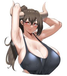 Rule 34 | 1girl, armpits, arms up, bad id, bad pixiv id, black hair, black tank top, blush, borrowed character, breasts, cleavage, collarbone, cow horns, cropped torso, hair between eyes, highres, horns, huge breasts, long hair, looking at viewer, open mouth, original, ponytail, red eyes, saru (monkey magic3), sideboob, simple background, solo, sweat, tank top, upper body, white background