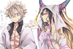 Rule 34 | 1boy, 1girl, @ @, black eyes, black hair, black horns, black shirt, breasts, chest tattoo, cleavage, crossover, demon slayer uniform, dress, facial mark, fate/extra, fate/extra ccc, fate/grand order, fate (series), forehead mark, grey hair, grin, hair between eyes, hand up, haori, heart, horn ornament, horn ring, horns, japanese clothes, kimetsu no yaiba, large breasts, long hair, long sleeves, looking at another, looking to the side, multicolored horns, ohagi (food), open clothes, open shirt, parted bangs, parted lips, pink horns, pink ribbon, profile, ribbon, scar, scar on arm, scar on chest, scar on face, scar on forehead, scar on nose, sessyoin kiara, shinazugawa sanemi, shirt, short hair, sideboob, sidelocks, smile, stomach tattoo, sweatdrop, tassel, tattoo, teeth, thought bubble, translated, twitter username, upper body, white dress, white veil, wide sleeves, yellow eyes, yokaranu yuuna