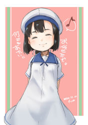 Rule 34 | 1girl, arms behind back, black hair, blue sailor collar, bob cut, closed eyes, commentary request, daitou (kancolle), dress, eighth note, fyuo, hat, highres, kantai collection, musical note, sailor collar, sailor dress, sailor hat, short hair, short sleeves, sidelocks, smile, solo, translation request, white dress, white hat