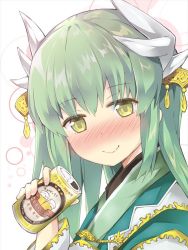 Rule 34 | 1girl, alcohol, beer, beer bottle, blush, drunk, fate/grand order, fate (series), green hair, hair ornament, horns, japanese clothes, kimono, kiyohime (fate), long hair, looking at viewer, rioshi, smile, solo, yellow eyes