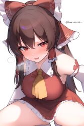 Rule 34 | 1girl, armpits, ascot, bare shoulders, blush, bow, breasts, breath, brown hair, commentary request, crossed bangs, detached sleeves, hair bow, hair ribbon, hair tubes, hakunetsu denkyu~, hakurei reimu, highres, large breasts, looking at viewer, red eyes, revision, ribbon, simple background, solo, spread legs, thighs, touhou, twitter username, yellow ascot