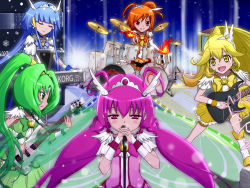 Rule 34 | 5girls, aoki reika, band, bass guitar, commentary request, cure beauty, cure happy, cure march, cure peace, cure sunny, drum, drum (container), drum set, drumming, guitar, hino akane (smile precure!), hoshizora miyuki, instrument, keyboard (instrument), kise yayoi, microphone, midorikawa nao, multiple girls, official style, piano, precure, rock band, shinkuoh, smile precure!