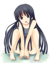 Rule 34 | 00s, 1girl, akiyama mio, barefoot, covering privates, covering crotch, enshin, feet, highres, k-on!, long hair, one-piece swimsuit, open mouth, school swimsuit, solo, swimsuit, tears, yuuki shin