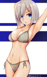 Rule 34 | 1girl, armpits, arms up, bikini, blue eyes, blue stripes, breasts, cowboy shot, franz (217franz), hair ornament, hair over one eye, hairclip, hamakaze (kancolle), highres, kantai collection, large breasts, looking at viewer, navel, open mouth, short hair, side-tie bikini bottom, silver bikini, silver hair, simple background, solo, swimsuit, twitter username, white background