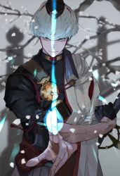 Rule 34 | 1boy, bowl cut, closed mouth, fate/grand order, fate (series), gloves, grey hair, hat, highres, holding, holding sword, holding weapon, japanese clothes, kdm (ke dama), looking at viewer, male focus, smile, sword, watanabe no tsuna (fate), weapon