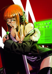 Rule 34 | 1girl, ahoge, bare shoulders, behind-the-head headphones, black shorts, black thighhighs, blush, breasts, candy, chair, cleavage, english text, fellatio, food, glasses, green jacket, headphones, highres, holding, holding candy, holding food, holding lollipop, jacket, javierbolado, leaning forward, lollipop, looking at viewer, medium breasts, monitor, off shoulder, open mouth, oral, orange hair, persona, persona 5, phallic symbol, red background, round eyewear, sakura futaba, saliva, saliva trail, short shorts, shorts, simulated fellatio, sitting, solo, sweat, thighhighs, thighs, yellow eyes