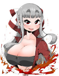 Rule 34 | 1girl, blunt bangs, bow, breasts, cleavage, collarbone, fire, fire, fujiwara no mokou, grey hair, hair bow, highres, jacket, large breasts, lips, long hair, looking at viewer, navel, red jacket, sidelocks, simple background, smile, solo, takeu, touhou, upper body, very long hair, white background