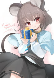 Rule 34 | 1girl, animal ears, birthday, blue capelet, box, capelet, dated, gift, gift box, grey hair, grey skirt, grey vest, grin, happy birthday, highres, holding, holding gift, jewelry, long sleeves, looking at viewer, mouse ears, mouse girl, nazrin, pendant, polka dot, red eyes, shirt, short hair, signature, skirt, smile, solo, touhou, umino hotate, vest, white shirt