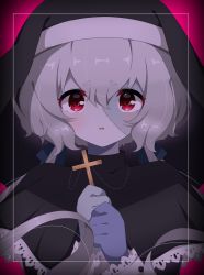 Rule 34 | 1girl, colored skin, cross, hair ribbon, highres, jewelry, konno junko, long hair, looking at viewer, low twintails, multicolored skin, nanami, necklace, nun, open mouth, red eyes, ribbon, solo, stitched face, stitches, traditional nun, twintails, white hair, zombie, zombie land saga