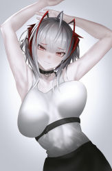 Rule 34 | 1girl, :3, ahoge, antennae, arknights, armpits, arms up, breasts, demon girl, demon horns, eigo ichii, gradient background, grey hair, highres, horns, large breasts, looking at viewer, red eyes, short hair, smile, solo, tank top, upper body, w (arknights), white background, white tank top