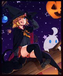 Rule 34 | 1girl, ;q, absurdres, black cape, black gloves, black hat, black shirt, black thighhighs, blonde hair, blue eyes, cape, gem, gloves, halloween, halloween costume, hat, highres, holding, in tree, inu8neko, kagamine rin, long sleeves, neck ribbon, night, night sky, one eye closed, orange shorts, outdoors, pointy ears, ribbon, shirt, short hair, short shorts, shorts, sitting, sitting in tree, sky, solo, thighhighs, tongue, tongue out, tree, vocaloid, witch, witch hat, yellow ribbon, zettai ryouiki