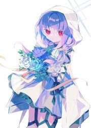 Rule 34 | 1girl, aqua flower, aqua rose, atsuko (blue archive), blue archive, blush, bouquet, closed mouth, cowboy shot, dress, flower, grey flower, grey rose, hair between eyes, halo, highres, holding, holding bouquet, holster, hood, hood up, hooded jacket, jacket, long bangs, long hair, long sleeves, looking at viewer, meto (metrin), open clothes, open jacket, own hands together, petticoat, purple flower, purple hair, quilted jacket, raised eyebrows, red eyes, rose, sidelocks, simple background, solo, thigh holster, thigh strap, white background, white dress, white flower, white halo, white jacket