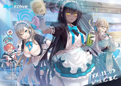 Rule 34 | 4girls, akane (blue archive), asuna (blue archive), black hair, blue archive, blue eyes, breasts, cleavage, cleavage cutout, clothing cutout, commentary, company name, copyright name, dark-skinned female, dark skin, english commentary, glasses, gloves, halo, holding, ika (4801055), karin (blue archive), large breasts, long hair, maid, maid headdress, mole, mole on breast, multiple girls, neru (blue archive), official art, open mouth, pantyhose, pink hair, second-party source, thighhighs, white gloves, white legwear, wing collar, yellow eyes