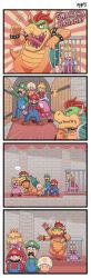 Rule 34 | +++, ..., 2girls, 4boys, ^^^, ayyk92, blonde hair, bow, bowser, bracelet, braid, brown hair, cage, collar, comic, crown, dress, earrings, elbow gloves, emphasis lines, english text, facial hair, gloves, hat, highres, jewelry, laughing, long hair, luigi, mario, mario (series), multiple boys, multiple girls, mustache, new super mario bros. u deluxe, nintendo, overalls, peachette, pink dress, princess dress, princess peach, puffy short sleeves, puffy sleeves, short hair, short sleeves, silent comic, spiked bracelet, spiked collar, spikes, spoken ellipsis, super crown, toad (mario), toadette, twin braids, waving