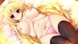 Rule 34 | 1girl, :o, black thighhighs, blonde hair, blush, bow, bow panties, breasts, game cg, highres, kamishiro sumika, kokorone=pendulum!, large breasts, long hair, lying, navel, nipples, official art, on back, on bed, oshiki hitoshi, own hands clasped, own hands together, panties, pink panties, red eyes, solo, thighhighs, topless, two side up, underwear