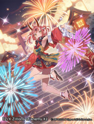 Rule 34 | 1girl, aerial fireworks, armpits, black footwear, brown eyes, character request, cloud, cloudy sky, commentary request, detached sleeves, double bun, fireworks, frilled sleeves, frills, full body, gloves, grin, hair bun, hair ornament, hairclip, half gloves, headphones, headphones around neck, highres, horns, lantern, long sleeves, midair, mitsudomoe (shape), official art, outdoors, red hair, sandals, sky, smile, solo, stairs, stone stairs, sunset, tomoe (symbol), torii, twintails, white gloves, wide sleeves, yuko (uc yuk), z/x, zouri