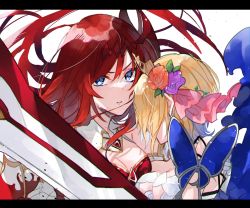 Rule 34 | 2girls, arm up, armor, blonde hair, blue cape, blue eyes, breasts, cape, detached collar, europa (granblue fantasy), facing away, flower, glaring, godsworn alexiel, granblue fantasy, hair flower, hair ornament, highres, holding, holding person, holding sword, holding weapon, large breasts, letterboxed, long hair, medium breasts, multiple girls, orange flower, orange rose, purple flower, purple rose, red hair, rose, short hair, simple background, sleeveless, sword, upper body, very long hair, weapon, white background, yakota (usuk-yako)