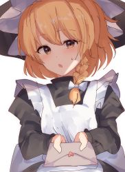 Rule 34 | 1girl, alternate hair length, alternate hairstyle, bad id, bad pixiv id, blonde hair, blush, braid, check commentary, commentary request, confession, dress, hat, highres, holding, holding letter, kirisame marisa, kozomezuki, letter, love letter, pinafore dress, pov, short hair, single braid, sleeveless dress, solo, touhou, upper body, witch hat, yellow eyes