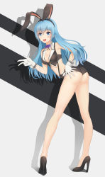 Rule 34 | 1girl, :d, anarchojs, animal ears, black footwear, black hairband, black shorts, blue eyes, blue hair, blunt bangs, bow, bowtie, breasts, choker, cleavage, crop top, fake animal ears, floating hair, full body, gloves, hair down, hairband, hand on own ass, hatsune miku, high heels, highres, leaning forward, leotard, long hair, medium breasts, micro shorts, midriff, open mouth, playboy bunny, pumps, purple bow, purple bowtie, rabbit ears, shadow, shiny clothes, shorts, sleeveless, smile, solo, standing, suspender shorts, suspenders, very long hair, vocaloid, w, white gloves