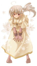 Rule 34 | 1girl, acolyte (ragnarok online), blonde hair, blush, brown gloves, dress, elbow gloves, gloves, kokono coco, long sleeves, looking at viewer, ragnarok online, red eyes, silver hair, simple background, solo, standing, white background, wrist cuffs, yellow dress