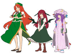 Rule 34 | 3girls, :d, bat wings, book, boots, braid, china dress, chinese clothes, crescent, cross, dress, embodiment of scarlet devil, female focus, frills, hat, head wings, hong meiling, inverted cross, koakuma, light smile, long hair, low wings, matsutani, multiple girls, necktie, open mouth, patchouli knowledge, purple eyes, purple hair, red eyes, red hair, side slit, simple background, skirt, smile, star (symbol), touhou, twin braids, v arms, vest, white background, wings