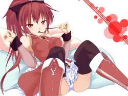 Rule 34 | 10s, 1girl, black thighhighs, boots, bow, breasts, cameltoe, covered erect nipples, detached sleeves, eating, female focus, food, hair bow, long hair, lying, magical girl, mahou shoujo madoka magica, mouth hold, open mouth, panties, pocky, ponytail, red eyes, red hair, sakura kyoko, sakura kyoko (magical girl), solo, soul gem, thighhighs, underwear, white background, white panties