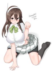 Rule 34 | 1girl, absurdres, all fours, arm warmers, ashigara (kancolle), bike shorts, bow, bowtie, breasts, brown eyes, brown hair, cosplay, full body, green bow, green bowtie, grey skirt, hairband, highres, kantai collection, kneehighs, large breasts, long hair, maru (marg0613), one-hour drawing challenge, paw pose, plaid, plaid bow, plaid bowtie, pleated skirt, shirt, shorts, shorts under skirt, simple background, skirt, socks, solo, suspender skirt, suspenders, undersized clothes, white background, white shirt, yamagumo (kancolle), yamagumo (kancolle) (cosplay)