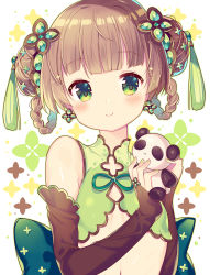 Rule 34 | 1girl, absurdres, bare shoulders, blush, bow, braid, braided hair rings, bridal gauntlets, brown hair, chinese clothes, closed mouth, commentary request, crop top, double bun, earrings, fingernails, green bow, green eyes, green nails, green shirt, hair bun, hair ornament, hair rings, hands up, head tilt, highres, holding, holding stuffed toy, ikari (aor3507), jewelry, nail polish, navel, original, shirt, side bun, sleeveless, sleeveless shirt, smile, solo, stuffed animal, stuffed panda, stuffed toy, twin braids, upper body