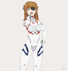 Rule 34 | 1girl, blue eyes, bodysuit, breasts, brown hair, covered navel, curvy, disgust, evangelion: 3.0+1.0 thrice upon a time, eyepatch, from above, hair between eyes, hair ornament, hand on own hip, highres, index finger raised, interface headset, long hair, looking at viewer, lqigwhr7eydrns2, medium breasts, neon genesis evangelion, open mouth, pilot suit, plugsuit, rebuild of evangelion, shiny skin, simple background, skin tight, solo, souryuu asuka langley, tsundere, white bodysuit, wide hips