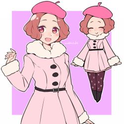 Rule 34 | 1girl, :&gt;, :d, ^ ^, ^v^, artist name, beret, blush, brown eyes, brown hair, closed eyes, coat, commentary request, do m kaeru, hat, okumura haru, open mouth, pantyhose, persona, persona 5, persona 5 the royal, pink coat, pink hat, print pantyhose, purple pantyhose, short hair, skirt, smile, solo