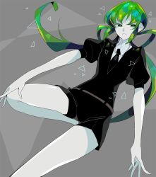 Rule 34 | androgynous, black necktie, black shorts, blouse, buebue, collared shirt, colored skin, commentary request, frown, gender request, green eyes, green hair, hair rings, houseki no kuni, jade (houseki no kuni), kneehighs, long hair, necktie, other focus, shirt, short sleeves, shorts, socks, solo, uniform, v-shaped eyebrows, white shirt, white skin