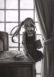 Rule 34 | 1girl, book, chair, clenched hand, commentary request, curtains, desk, dress, facial scar, greyscale, hair ribbon, highres, holding, holding book, indoors, kantai collection, kasumi (kancolle), kasumi kai ni (kancolle), kneehighs, kurau476, long hair, long sleeves, monochrome, paper, papers, pinafore dress, ponytail, ribbon, scar, scar on cheek, scar on face, scowl, shaded face, shirt, side ponytail, sleeveless, sleeveless dress, socks, standing, window