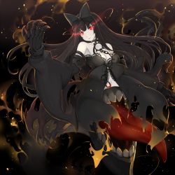 Rule 34 | 10s, 1girl, abyssal ship, bare shoulders, black dress, black gloves, black hair, bow, breasts, chain, cleavage, collar, collarbone, detached sleeves, dress, fangs, female focus, gloves, hair bow, highres, kantai collection, large breasts, light trail, long hair, long sleeves, looking at viewer, metal gloves, midriff, monster girl, navel, open mouth, pale skin, red eyes, seaplane tender princess, solo, very long hair, wide sleeves, yingji (zszero)