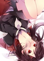 Rule 34 | 1girl, bad id, bad pixiv id, black hair, covering own mouth, falling, hair ornament, hairclip, kagerou project, kuromiwa-38, long hair, paper, red eyes, red scarf, scarf, school uniform, solo, tateyama ayano, tears, upside-down