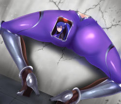 Rule 34 | 1girl, akiyama rinko, ass, back cutout, blue hair, bodysuit, cameltoe, clothing cutout, crack, cracked wall, fishnet bodysuit, fishnets, from behind, glory wall, head out of frame, high heels, high ponytail, highres, humiliation, leg armor, lower body, no1218, photo (object), purple bodysuit, purple eyes, solo, stuck, taimanin (series), taimanin suit, taimanin yukikaze, through wall, tile floor, tiles, trembling, wall