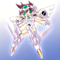 Rule 34 | 1girl, :d, android, aqua eyes, bare shoulders, breasts, brown hair, detached wings, forehead protector, full body, gloves, gradient background, hair between eyes, joints, leotard, mecha musume, mechanical wings, open mouth, original, robot joints, shinjou satomi, short hair, small breasts, smile, solo, white gloves, white leotard, white wings, wings