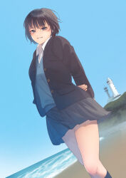 Rule 34 | 1girl, amagami, arms behind back, beach, black eyes, black hair, black jacket, blazer, blue cardigan, blue sky, bob cut, cardigan, cardigan under jacket, clenched teeth, collared shirt, dutch angle, from below, grey skirt, highres, horizon, inubosaki lighthouse, jacket, lighthouse, long sleeves, looking at viewer, looking down, miniskirt, nanasaki ai, ocean, open clothes, open jacket, outdoors, pleated skirt, real world location, ryo taton, shirt, short hair, skirt, sky, smile, solo, standing, teeth, thighs, white shirt