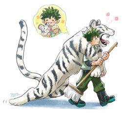 Rule 34 | 1boy, animal, black footwear, boku no hero academia, boots, bottle, broom, carrying over shoulder, closed eyes, fangs, freckles, green hair, green pants, holding, holding animal, holding bottle, holding broom, male focus, midoriya izuku, pants, pero (pero56870578), scar, scar on hand, signature, simple background, thought bubble, tiger, tongue, white background, white tiger, yawning
